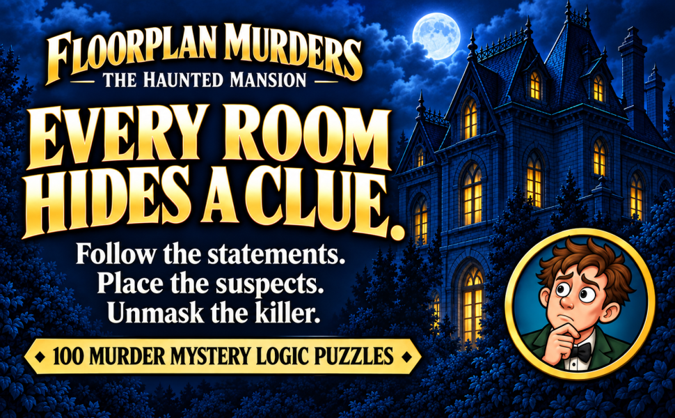 Floorplan Murders: follow statements, place suspects on the floorplan and identify the killer in 100 murder mystery logic puzzles.