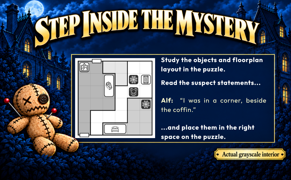 Grayscale interior example showing a floorplan, objects and a suspect’s statement. Use these clues to place each suspect in the correct square.