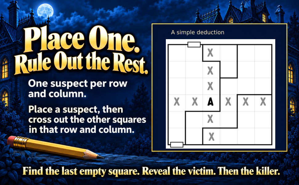 Place one suspect in each row and column, crossing out other squares as you go. The final empty square reveals the victim and leads to the killer.