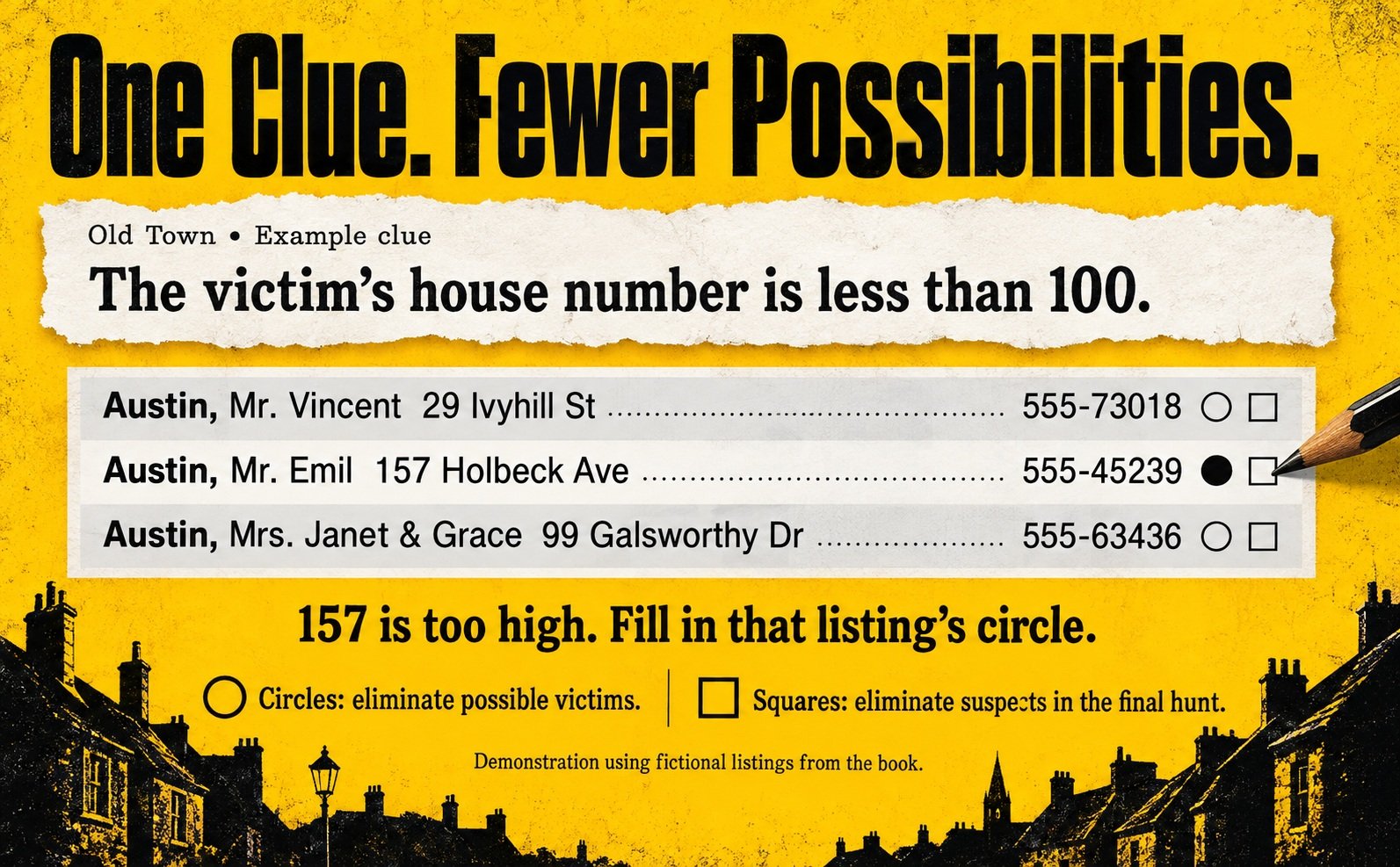A demonstration with fictional listings: a house number below 100 rules out listing 157. Fill circles to eliminate possible victims; use squares to eliminate suspects in the final hunt.