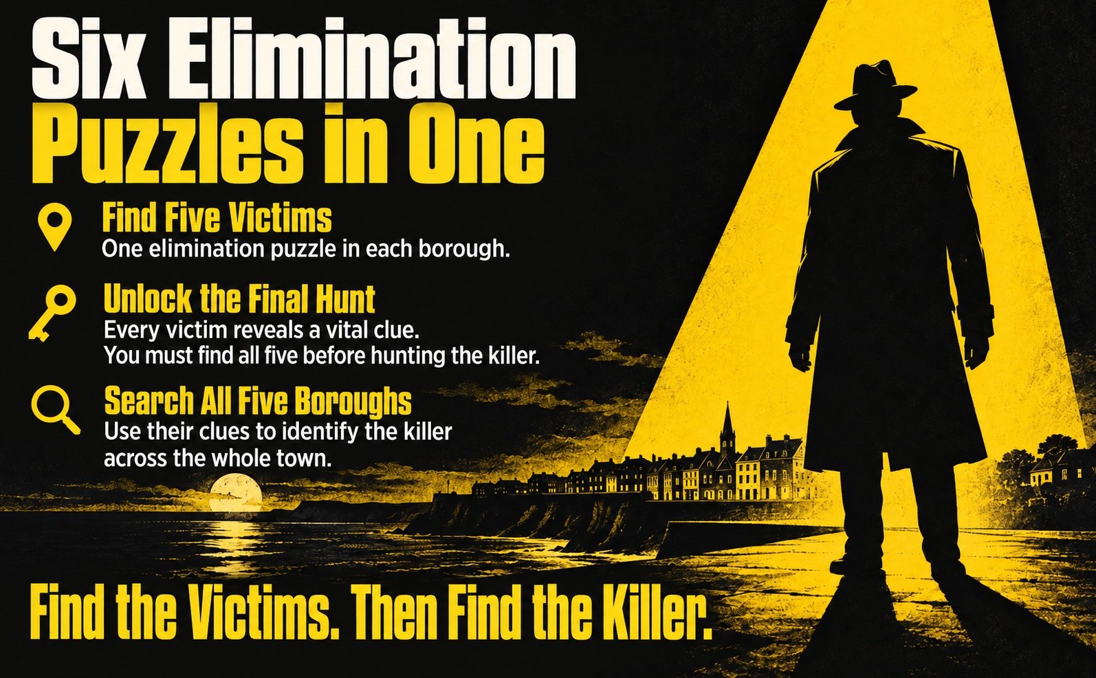 Six linked elimination puzzles: identify five victims, one in each borough, then use their clues to hunt the killer across all five boroughs.
